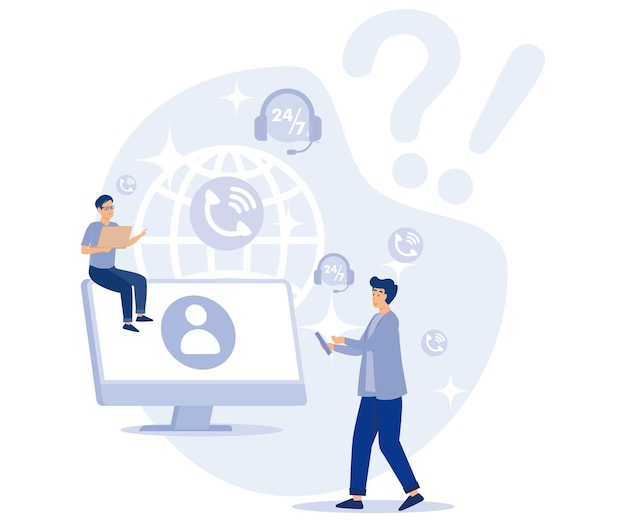 Vector customer service concept hotline operator in headset consults client flat vector modern illustration