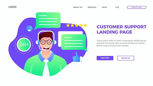 customer service and support landing page template in flat style