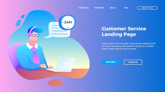 customer service and support landing page template in flat style