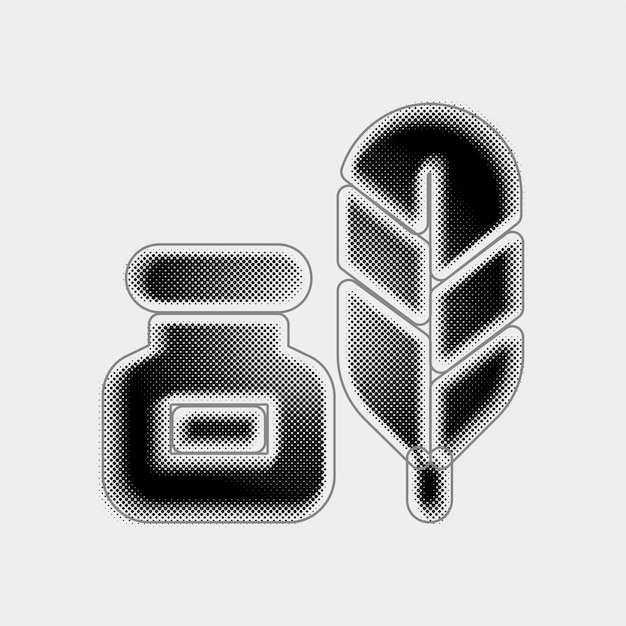 Vector customizable halftone vector ink bottle and feather icon with black line design