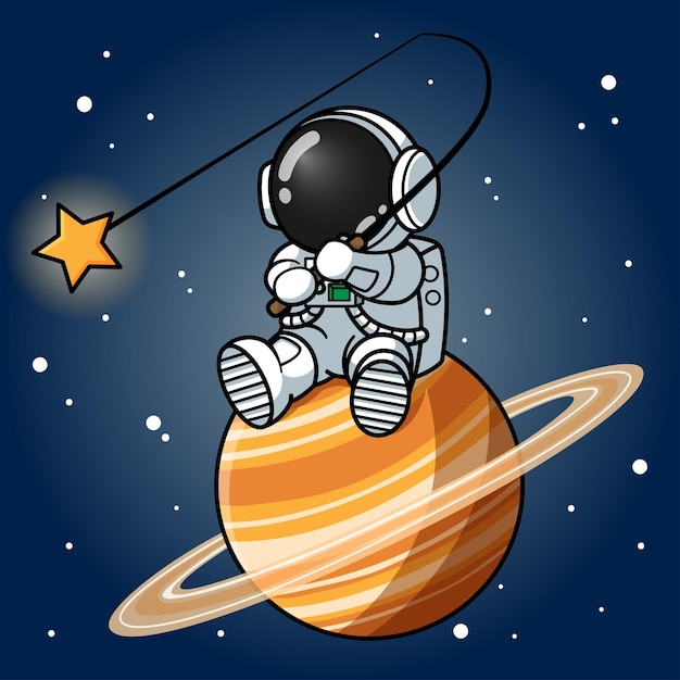 Vector cute astronaut catching star on the saturn