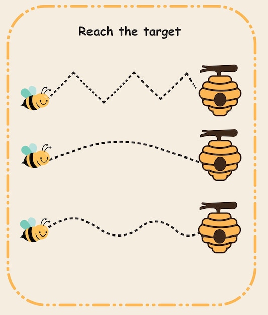Vector cute bee path tracing worksheet for preschoolers