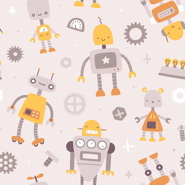 Vector cute beige pattern with robots for kids seamless scandinavian vector print