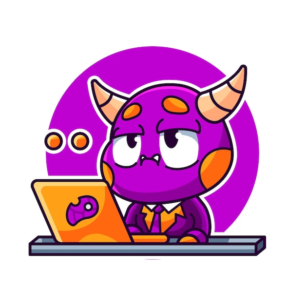 Vector cute boring monster at work cartoon vector icon illustration