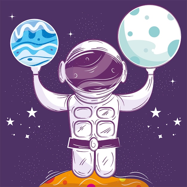 Vector cute chalkboard sketch of an astronaut playing with planets vector illustration