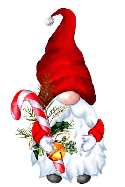 Vector cute christmas hand drawn gnome with candy cane