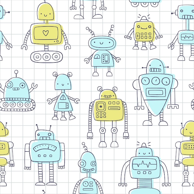 Vector cute doodle robot pattern drawn on checkered paper seamless vector print