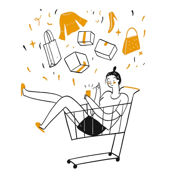 Vector a cute girl uses the phone to order products online in the cart.