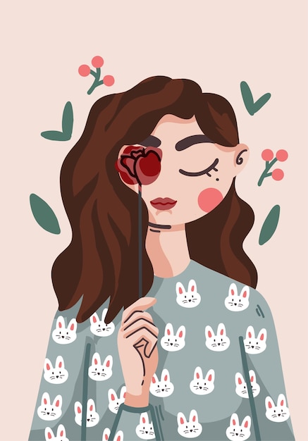 Vector cute girl with rose design illustration