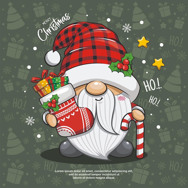 Vector cute gnome santa claus with christmas sock on green background cartoon illustration