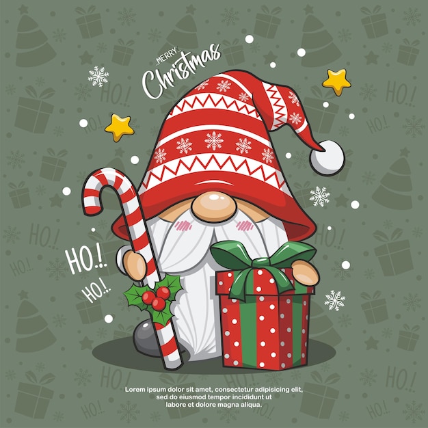 Vector cute gnome santa claus with give box on green background cartoon illustration