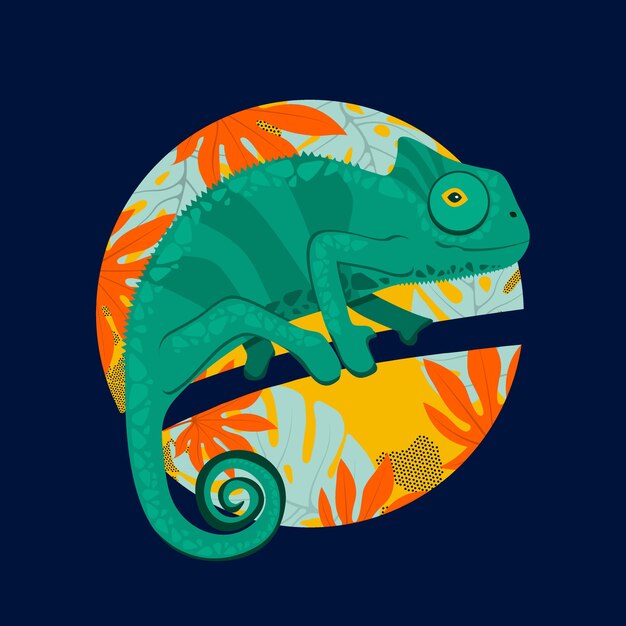 Vector cute green chameleon walking on tree branch vector illustration