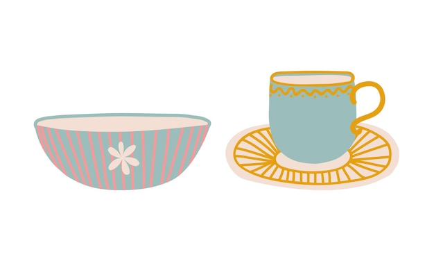Vector cute hand drawn cup and bowl for drinking tea vector set