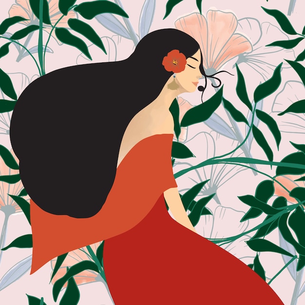 Vector cute illustration girl and wild flower