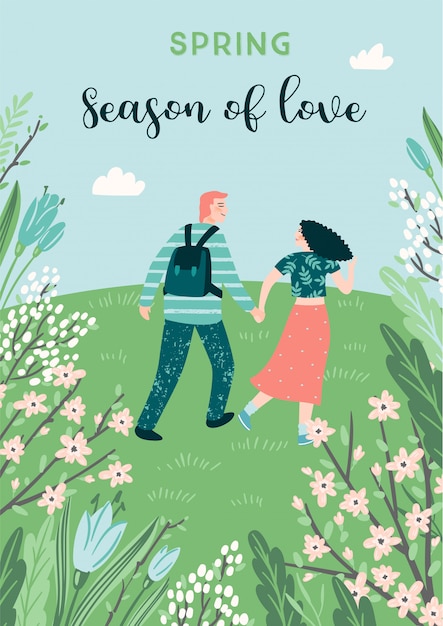 Vector cute illustration with people and spring nature.