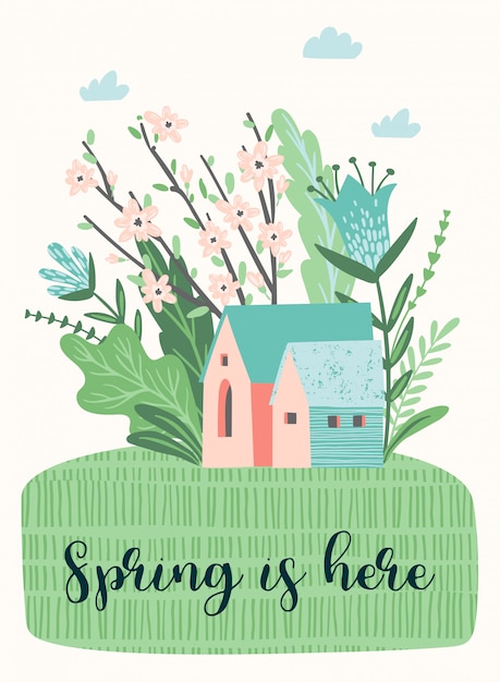 Vector cute illustration with spring landckape.