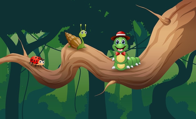 Vector cute insect animals on the tree branch illustration