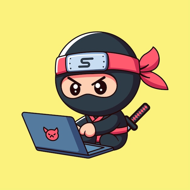 Vector cute ninja working on laptop cartoon vector illustration
