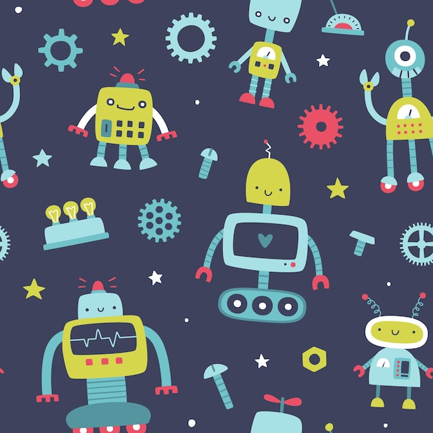 Vector cute pattern with funny robots for kids naive seamless vector print
