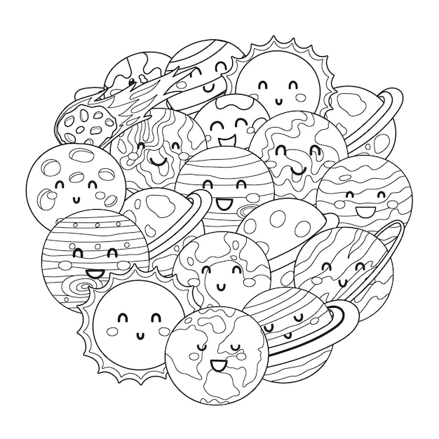 Vector cute planets circle shape pattern. solar system planets coloring page. space black and white mandala