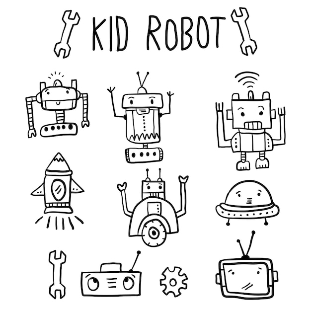 Vector cute set collection with childish robot and different items funny drawing