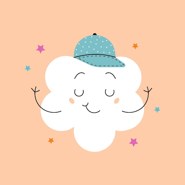Vector cute summer cloud with a smiling face in a cap vector illustration