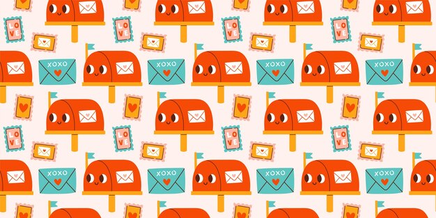 Vector cute valentines day seamless pattern mailbox mail and stamps vector illustrations for valentines