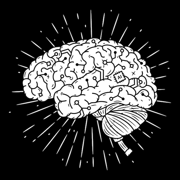 Vector cyber brain. hand drawn   illustration with brain and divergent rays.  
