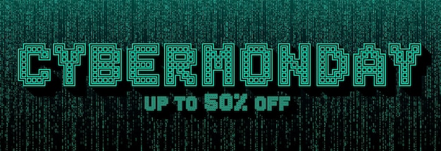 Vector cyber monday banner with digital pixel font binary code background and futuristic glow style perfect