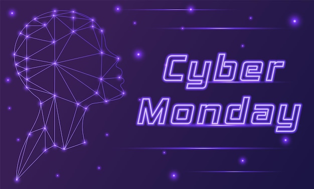 Vector cyber monday discount horizontal web banner with neon effect elements