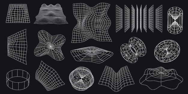 Vector cyber neo futuristic grids 3d mesh objects and shapes wireframe wavy geometric perspective plane 80s cyberpunk line elements vector set