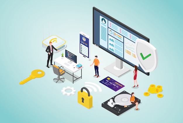 Vector cyber security concept with team people and secure code programmer with modern flat style and isometric design