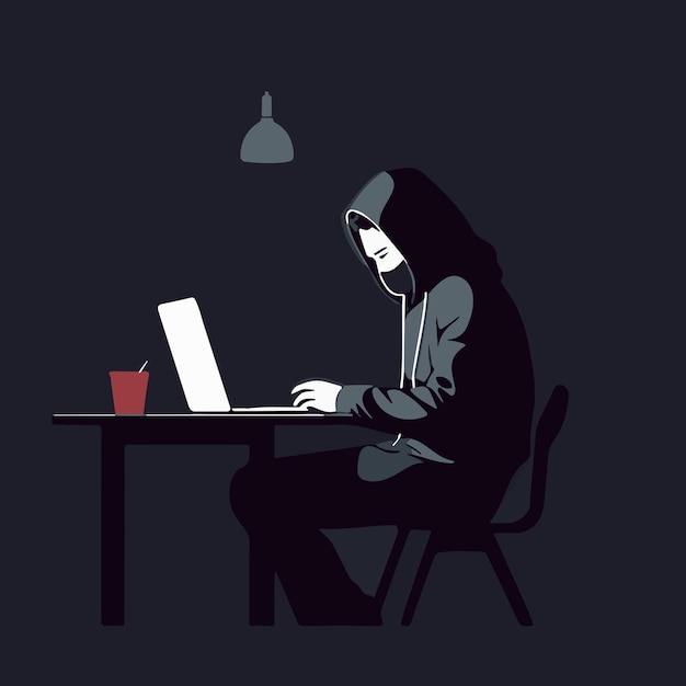 Vector cyber security hacker sitting working on laptop