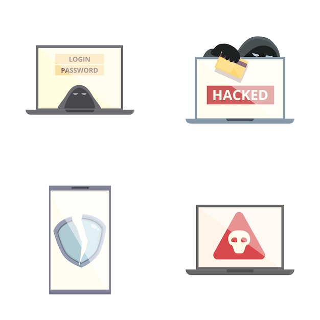 Vector cyber security icons set with hacking and protection themes