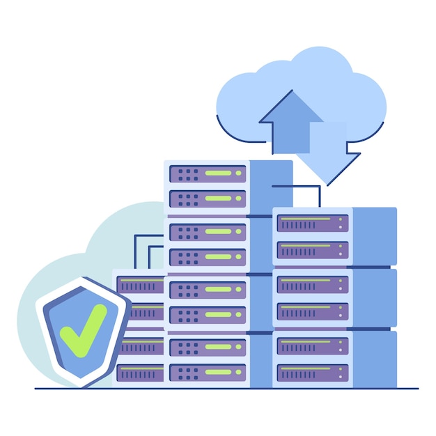 Vector cyber or web security server or computer servers defended by shield cloud technology and networking