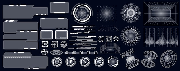 Vector cyberpunk futuristic user interface mega set in flat design bundle elements of hud dashboard gui elements vr hologram ui templates with buttons bars vector illustration isolated graphic objects