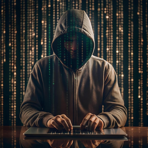 Vector cybersecurity background with cascading green binary code with hacker silhouette typing