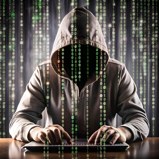 Vector cybersecurity background with cascading green binary code with hacker silhouette typing