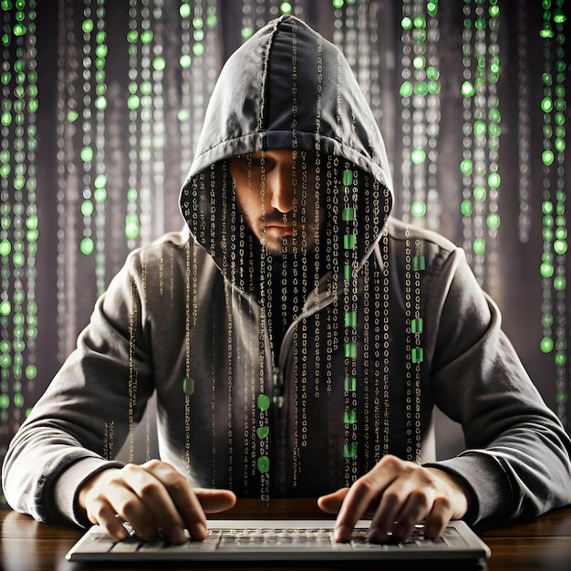 Vector cybersecurity background with cascading green binary code with hacker silhouette typing