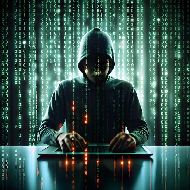 Vector cybersecurity background with cascading green binary code with hacker silhouette typing