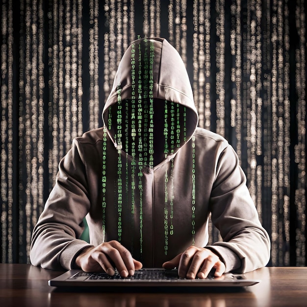 Vector cybersecurity background with cascading green binary code with hacker silhouette typing