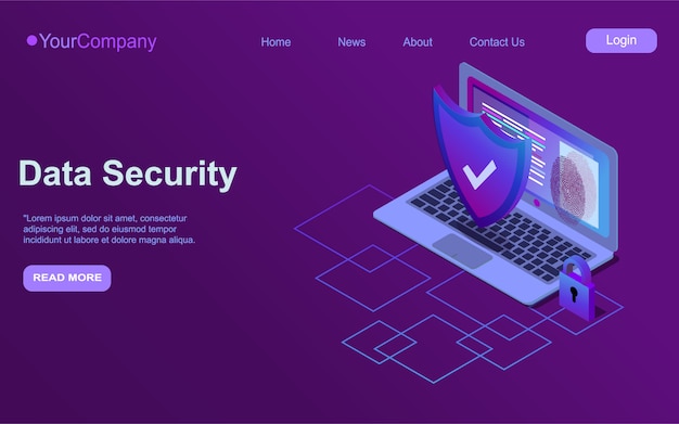 Vector cybersecurity isometric icon, data security concept, protected computer network, shield with laptop, safety cloud computing, data processing system, ultraviolet  