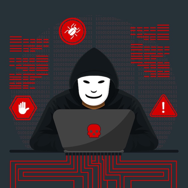 Vector cybersecurity threat masked hacker exploiting binary code on laptop warning symbols