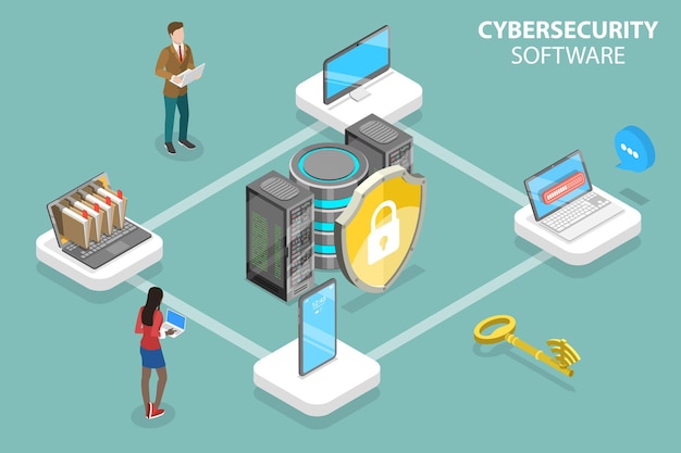 Vector d isometric flat vector conceptual illustration of cybersecurity software database security apps