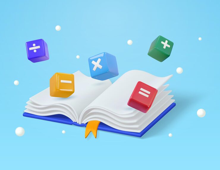 D primary math learning concept with opened handbook basic math calculation symbol in cube shape