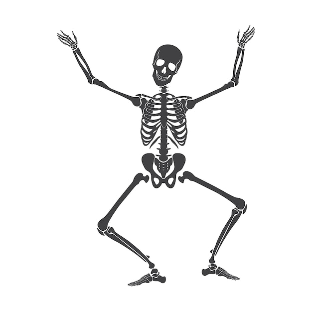 Vector dance of black human skeleton dead bone character crouching with hands up in air