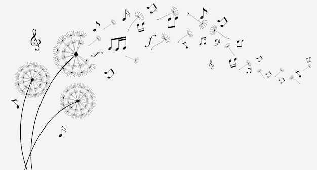 Vector dandelion with flying notes and seeds vector isolated decoration element from scattered silhouettes