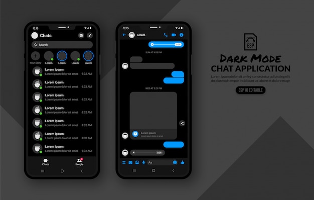 Vector dark mode of mobile chat appliaction, messenger template for social media post