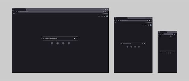 Vector dark mode web browser interface displayed on multiple devices