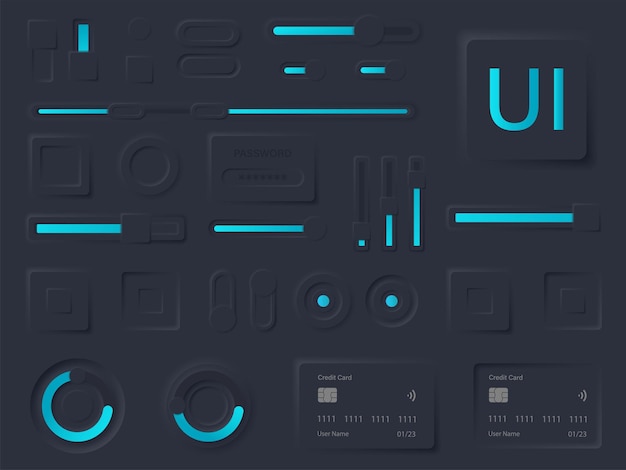 Vector dark neumorphism user interface design kit. neumorphism ui ux icons set. user interface elements for apps. neumorphic buttons collection. vector graphic. eps 10